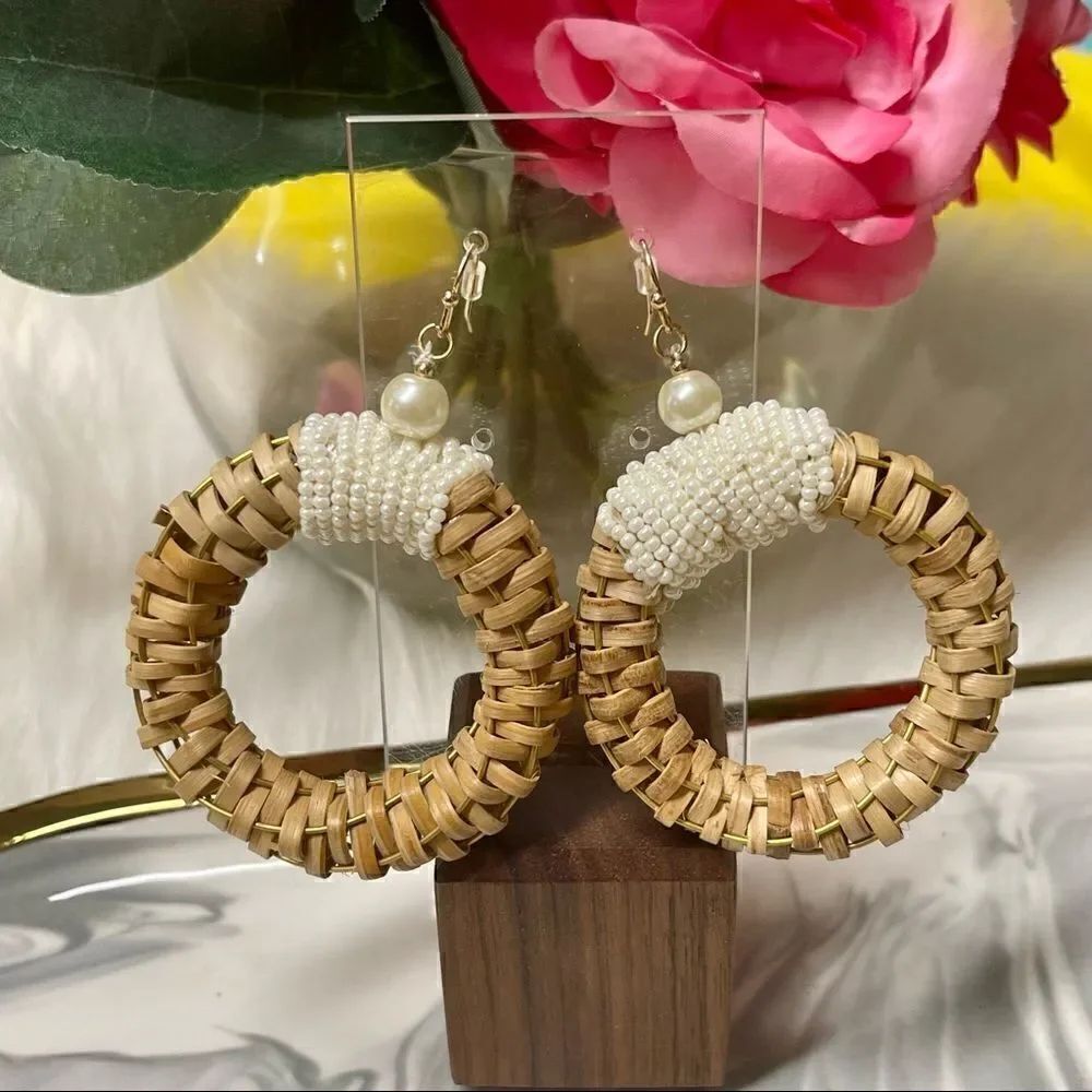 Brand New Woven Rattan Dangle Statement Earrings